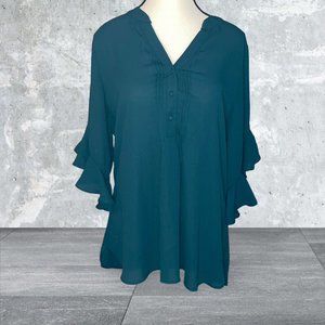 Nordstrom Rack Ruffle Sleeve Tunic Blouse Size M Dark Green